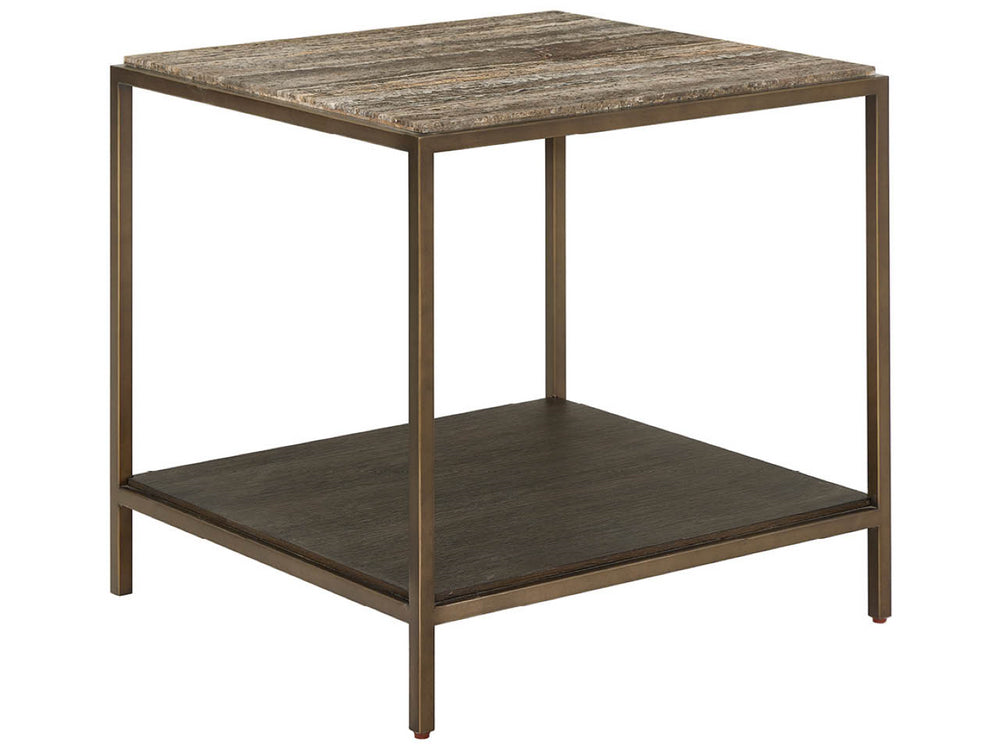 Universal Furniture Brindle End Table With Dark Gray Travertine Top & Cocoa Wood Shelf – Elegant Smoked Gold Frame Smioked Gold And Travertine  U508802-universal