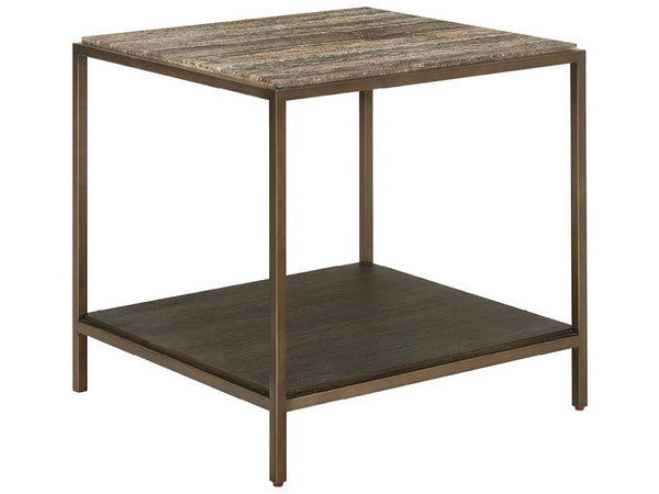 Universal Furniture Brindle End Table With Dark Gray Travertine Top & Cocoa Wood Shelf – Elegant Smoked Gold Frame Smioked Gold And Travertine  U508802-universal