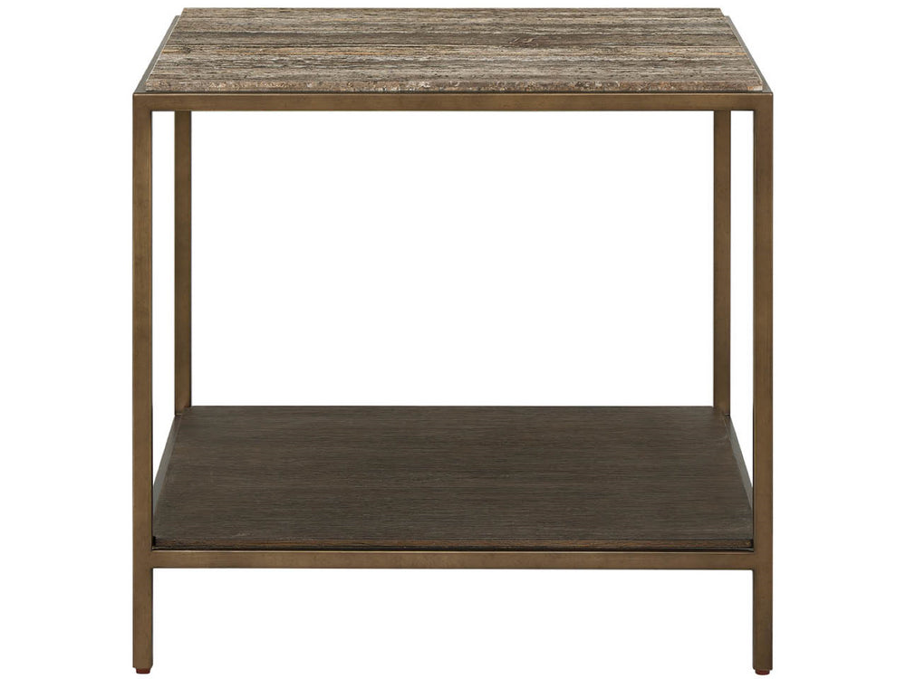 Universal Furniture Brindle End Table With Dark Gray Travertine Top & Cocoa Wood Shelf – Elegant Smoked Gold Frame Smioked Gold And Travertine  U508802-universal