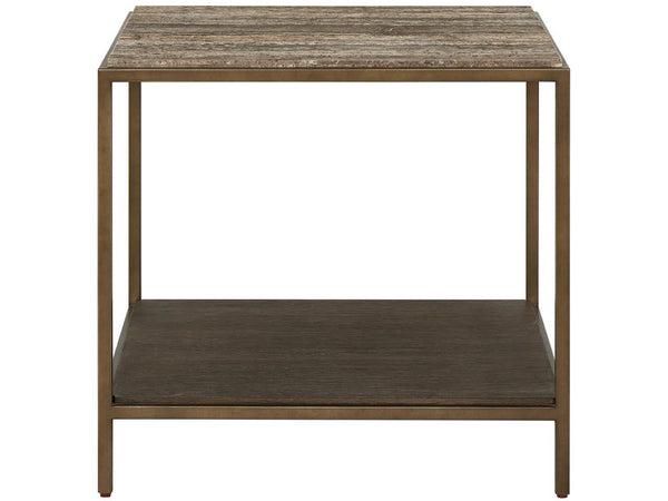 Universal Furniture Brindle End Table With Dark Gray Travertine Top & Cocoa Wood Shelf – Elegant Smoked Gold Frame Smioked Gold And Travertine  U508802-universal