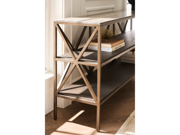 Universal Furniture Brindle Console Table - Dark Gray Travertine Top & Smoked Gold Frame With Cocoa Wood Shelves Smioked Gold And Travertine  U508803-universal