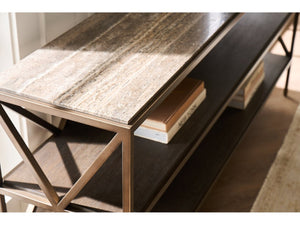 Universal Furniture Brindle Console Table - Dark Gray Travertine Top & Smoked Gold Frame With Cocoa Wood Shelves Smioked Gold And Travertine  U508803-universal