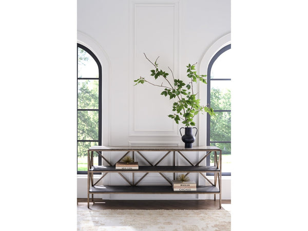 Universal Furniture Brindle Console Table - Dark Gray Travertine Top & Smoked Gold Frame With Cocoa Wood Shelves Smioked Gold And Travertine  U508803-universal