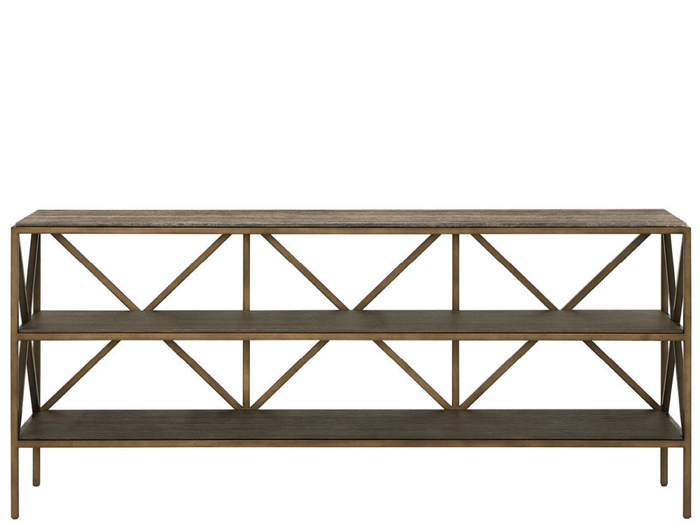 Universal Furniture Brindle Console Table - Dark Gray Travertine Top & Smoked Gold Frame With Cocoa Wood Shelves Smioked Gold And Travertine  U508803-universal