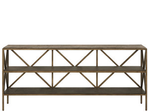 Universal Furniture Brindle Console Table - Dark Gray Travertine Top & Smoked Gold Frame With Cocoa Wood Shelves Smioked Gold And Travertine  U508803-universal