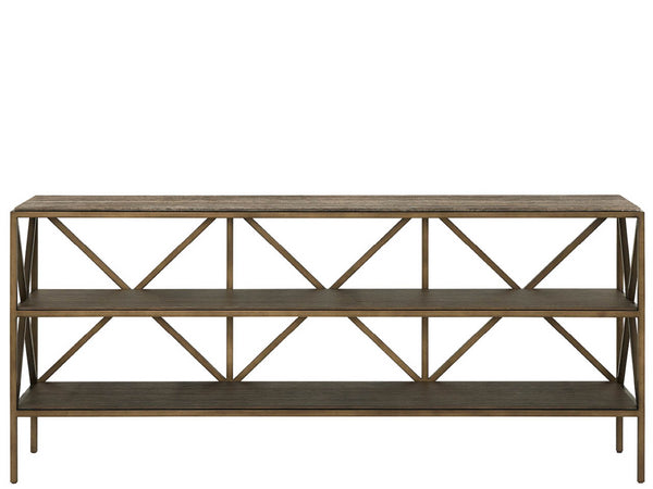 Universal Furniture Brindle Console Table - Dark Gray Travertine Top & Smoked Gold Frame With Cocoa Wood Shelves Smioked Gold And Travertine  U508803-universal