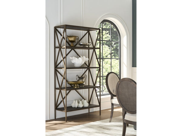 Universal Furniture Cocoa Etagere: Stylish Wood & Smoked Gold Metal Shelf With Geometric Bracing For Modern Display Storage Cocoa  U508851-universal