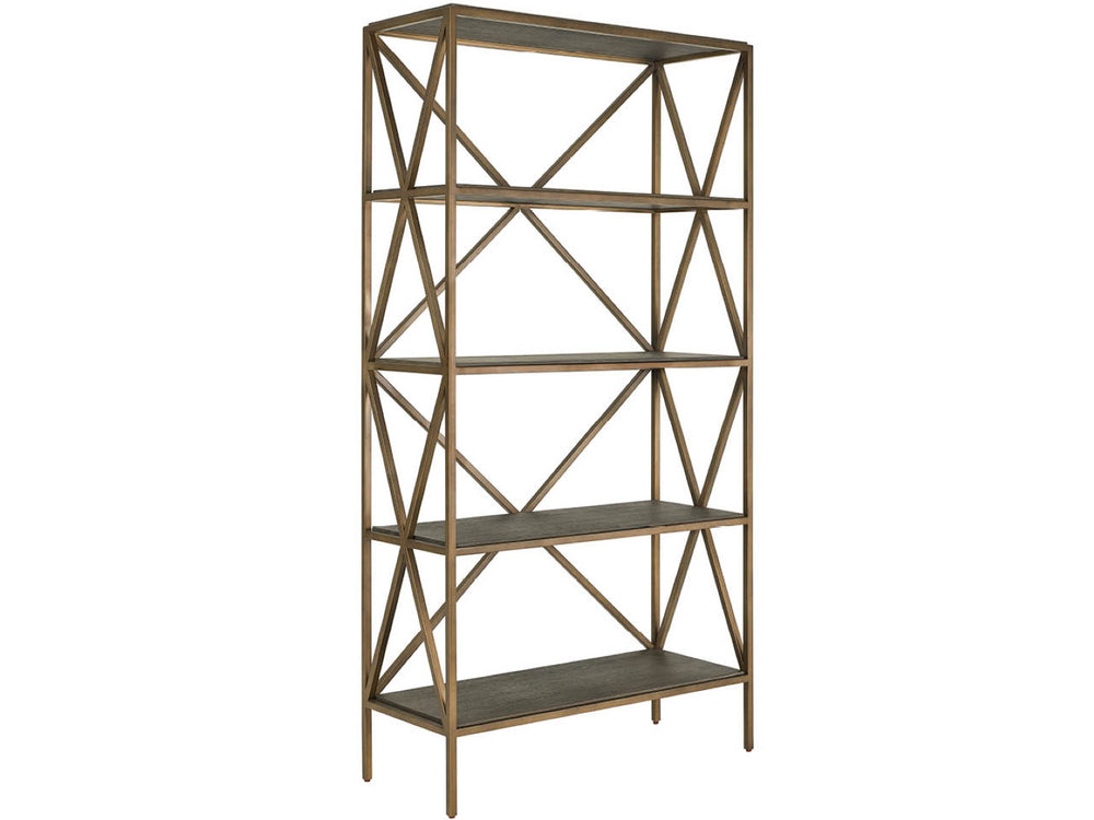 Universal Furniture Cocoa Etagere: Stylish Wood & Smoked Gold Metal Shelf With Geometric Bracing For Modern Display Storage Cocoa  U508851-universal