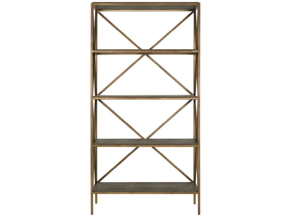 Universal Furniture Cocoa Etagere: Stylish Wood & Smoked Gold Metal Shelf With Geometric Bracing For Modern Display Storage Cocoa  U508851-universal