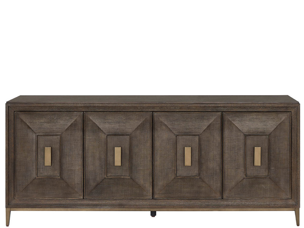 Universal Furniture Montclair Credenza: Sophisticated Media Storage With Geometric Doors, Adjustable Shelves & Power Bar Cocoa  U508966-universal