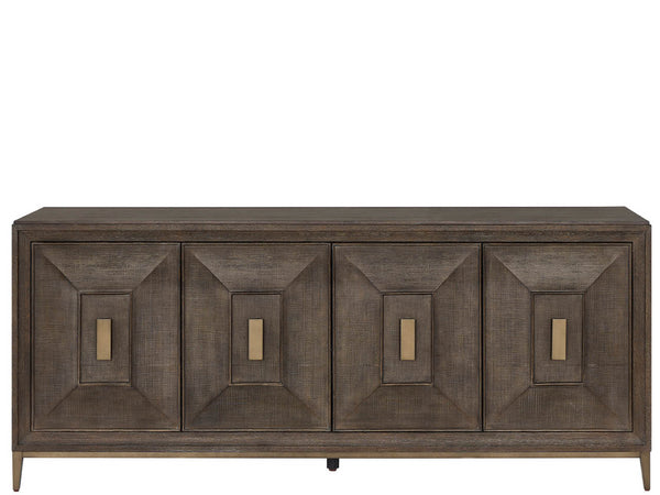 Universal Furniture Montclair Credenza: Sophisticated Media Storage With Geometric Doors, Adjustable Shelves & Power Bar Cocoa  U508966-universal