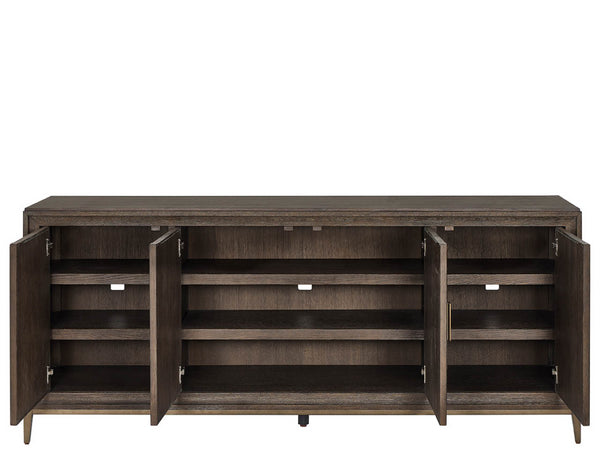 Universal Furniture Montclair Credenza: Sophisticated Media Storage With Geometric Doors, Adjustable Shelves & Power Bar Cocoa  U508966-universal