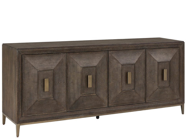Universal Furniture Montclair Credenza: Sophisticated Media Storage With Geometric Doors, Adjustable Shelves & Power Bar Cocoa  U508966-universal