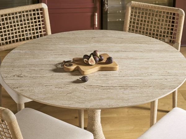 Universal Furniture Oasis Round Dining Table - 44" Travertine Beige Stone Top With Hourglass Abaca Base For Coastal Elegance Natual And Travertine  U533655-universal