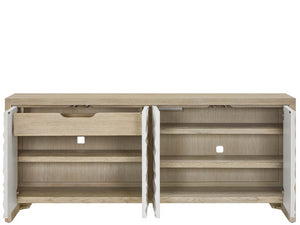 Universal Furniture Oasis Credenza: Stylish Dockside Oak With Wave-patterned Doors For Coastal Dining & Media Storage Dockside Tan  U533967-universal