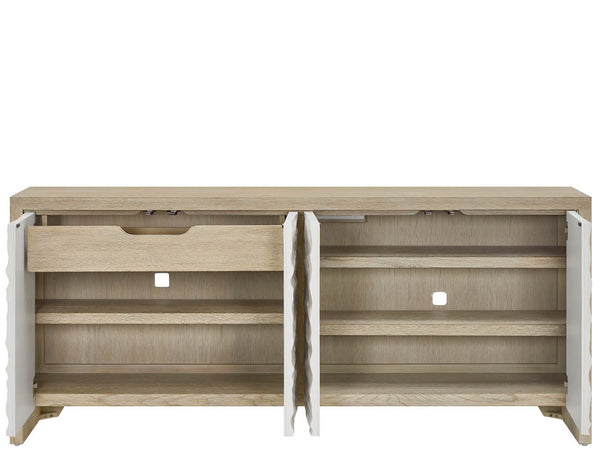 Universal Furniture Oasis Credenza: Stylish Dockside Oak With Wave-patterned Doors For Coastal Dining & Media Storage Dockside Tan  U533967-universal