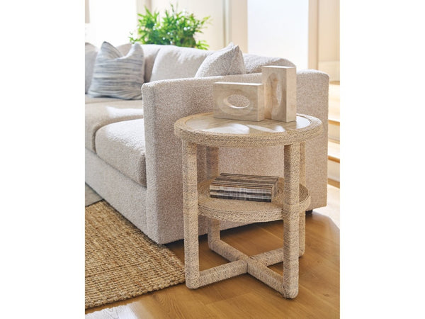Universal Furniture Abaca Side Table With Travertine Beige Top, Natural Fiber Wrap, And Convenient Storage Shelf Natural Tan  U533820-universal