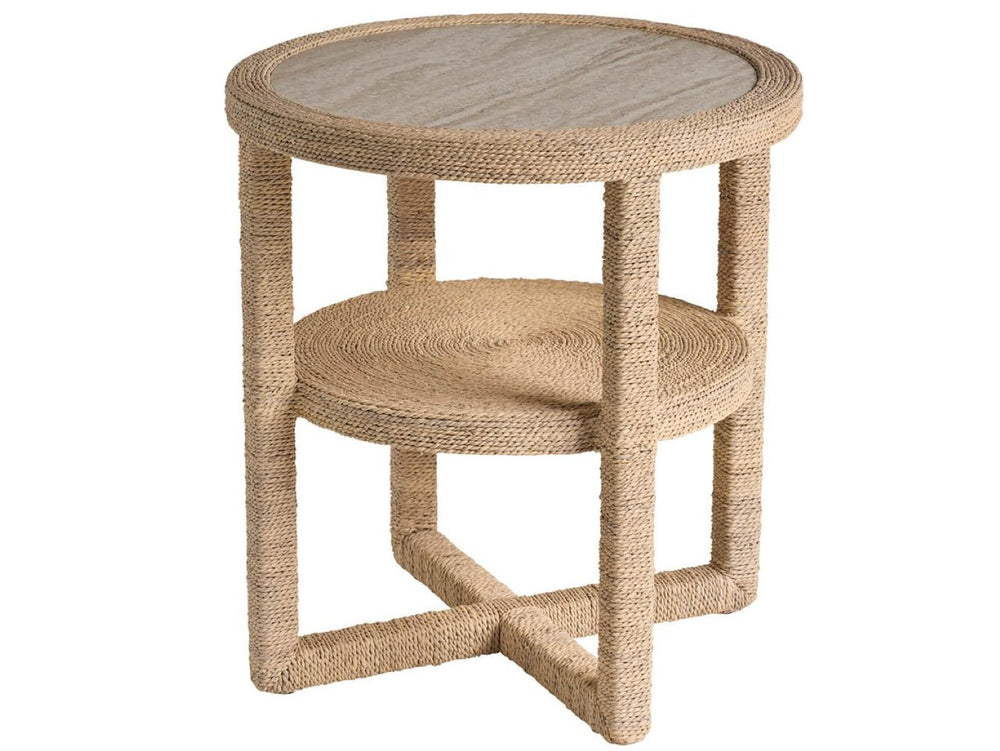 Universal Furniture Abaca Side Table With Travertine Beige Top, Natural Fiber Wrap, And Convenient Storage Shelf Natural Tan  U533820-universal