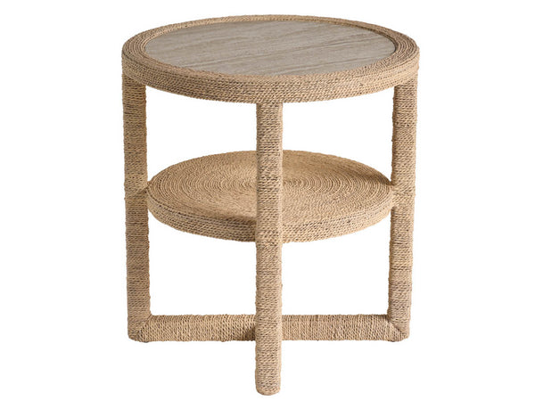 Universal Furniture Abaca Side Table With Travertine Beige Top, Natural Fiber Wrap, And Convenient Storage Shelf Natural Tan  U533820-universal