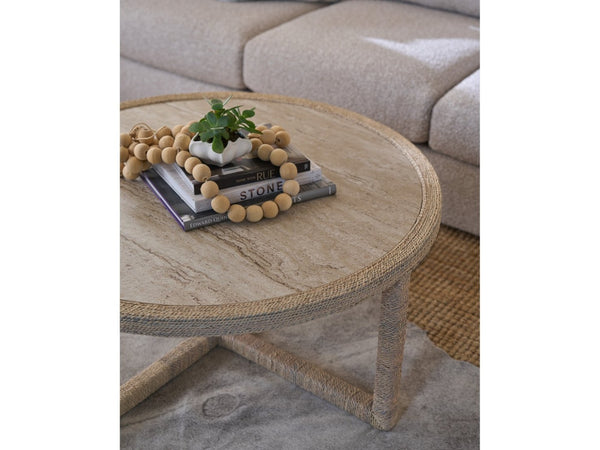Universal Furniture Abaca Cocktail Table - 40-inch Round Natural Fiber With Elegant Travertine Beige Stone Top Design   U533831-universal