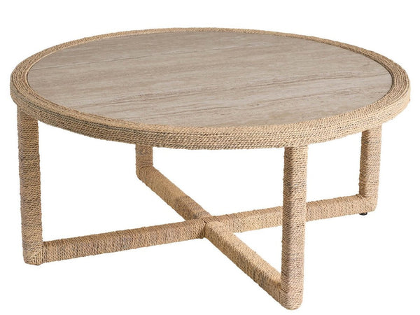 Universal Furniture Abaca Cocktail Table - 40-inch Round Natural Fiber With Elegant Travertine Beige Stone Top Design   U533831-universal