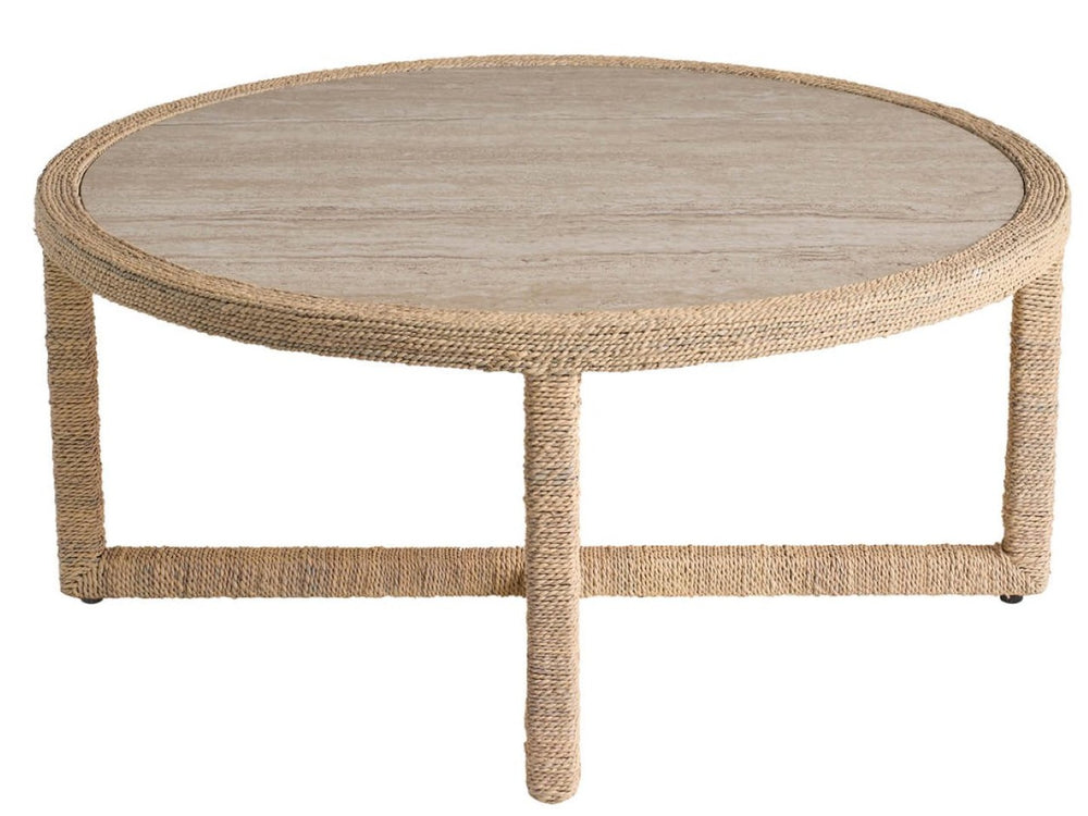 Universal Furniture Abaca Cocktail Table - 40-inch Round Natural Fiber With Elegant Travertine Beige Stone Top Design   U533831-universal