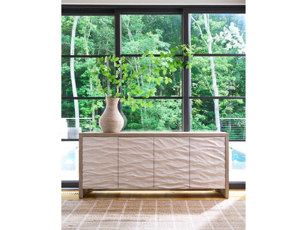Universal Furniture Oasis Credenza: Stylish Dockside Oak With Wave-patterned Doors For Coastal Dining & Media Storage Dockside Tan  U533967-universal