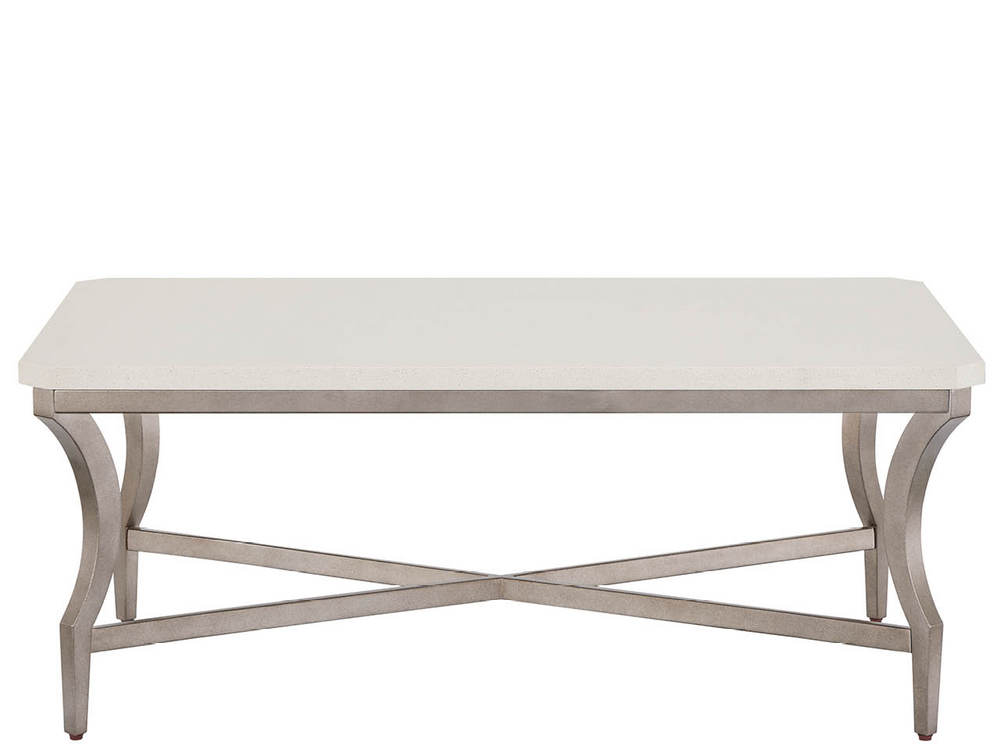 Universal Furniture Birchaven White Quartz Top Coffee Table with Aged Pewter Curved Base for Living Rooms U550801
