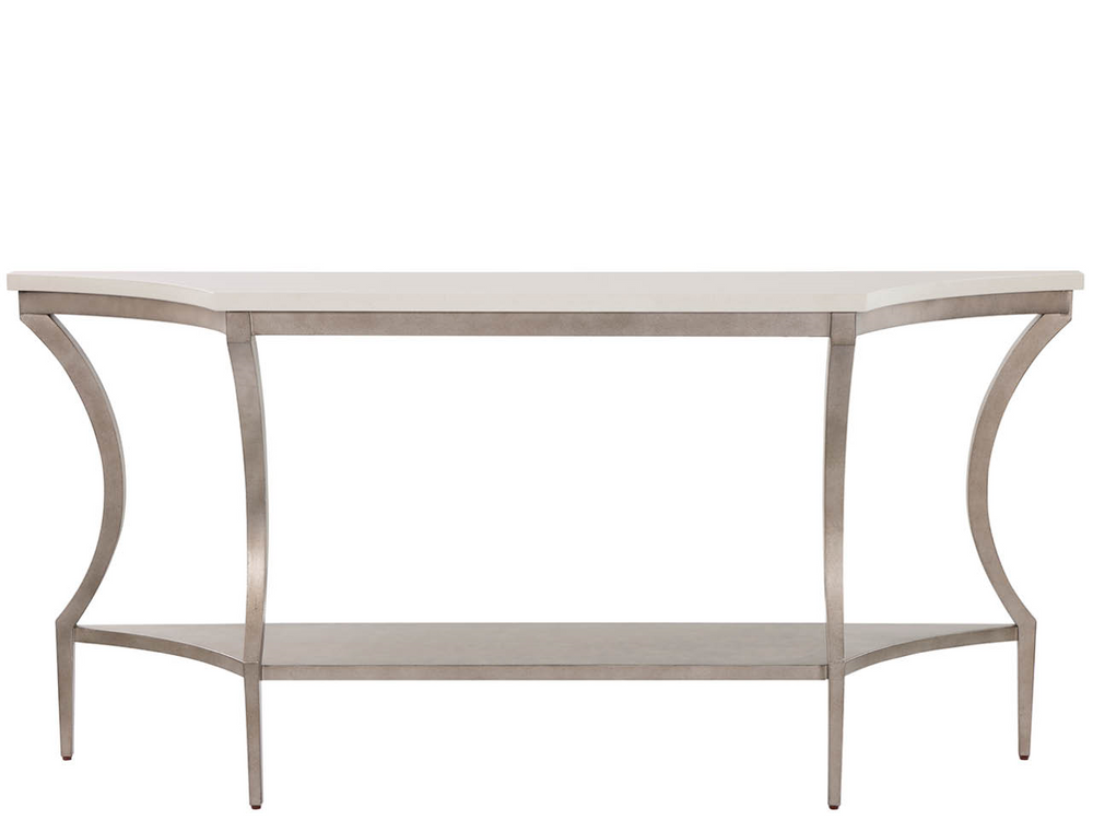 Universal Furniture Birchaven Neoclassical Console Table White Quartz Top Aged Pewter Metal Frame U550803