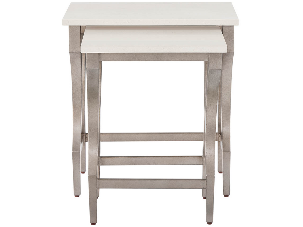 Universal Furniture Birchaven Nesting Tables White Quartz Tops Aged Pewter Metal Frames Modern Accent Set U550805
