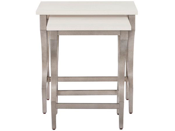 Universal Furniture Birchaven Nesting Tables White Quartz Tops Aged Pewter Metal Frames Modern Accent Set U550805