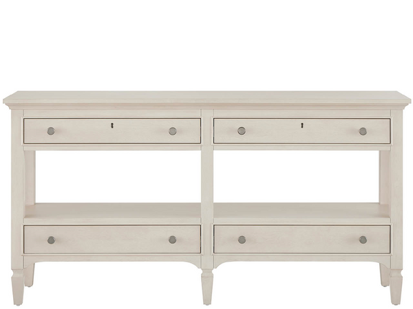Universal Furniture Willow Neoclassical Console Table with Open Shelving for Entryway or Living Room 4 Drawers U550A826