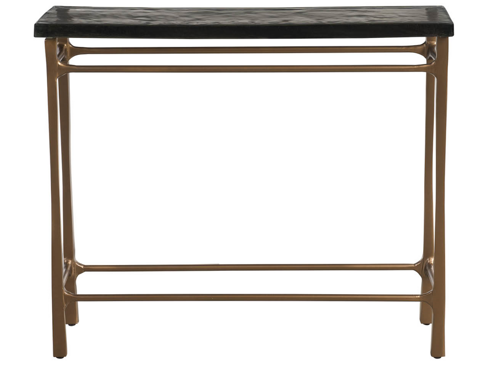 Universal Furniture Cirrus Glass Top Console Table Antique Brass Aluminum Base Slim Entryway Accent U560826