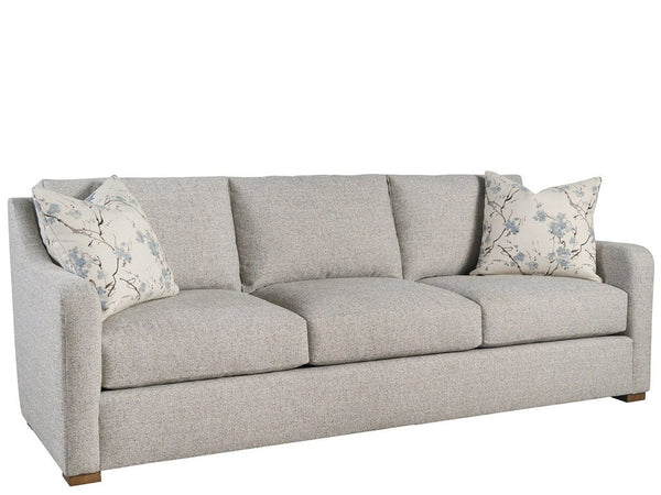 Universal Furniture Filmore Upholstered Sofa Neutral Fabric Deep Seat Living Room Modern Comfort Fabric: Social Light Fog; Throw Pillows: Cherry Grove Sky; Leg Finish: Latte U583505-1882-1