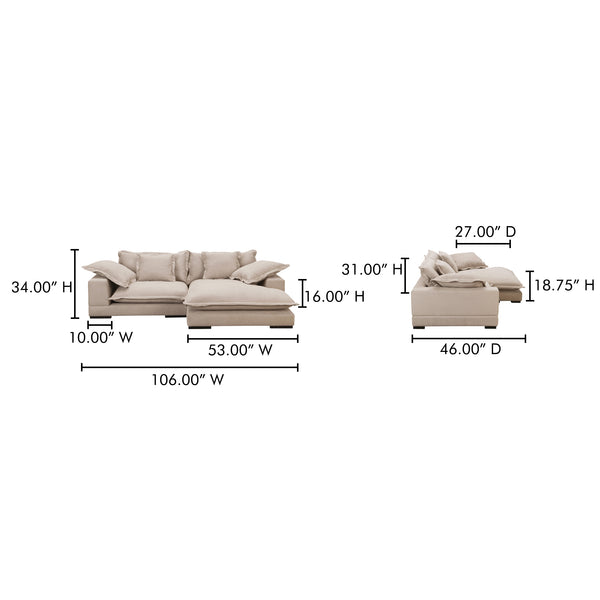 Moe's Home Daydream Sectional Sofa: Plush Comfort With Reversible Chaise, Stylish Design, And Easy Care Upholstery Beige Upholstery, 100% Polyester With C0 Performance Treatment,Solid Eucalyptus And Plywood Frame,Rubber Wood Feet Ub-1028-34-0