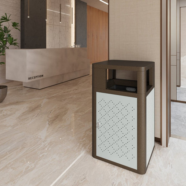 English Elm Brooks Heavy-Duty Steel Trash Can with Locking Access Door & Removable Fiberglass Bin for Durability Brown 31.4 Gallons UB-OTB-67W-BRN-SLV-GG