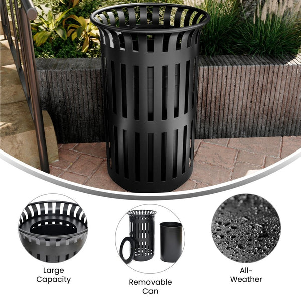 English Elm Collins Commercial Grade Outdoor Round Steel Slatted Trash Can for High-Traffic Locations Black 37 Gallons UF-OTB-01-BLK-GG