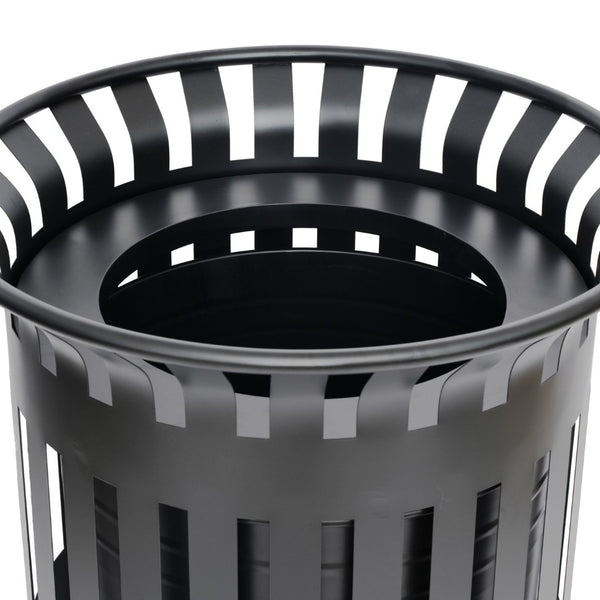 English Elm Collins Commercial Grade Outdoor Round Steel Slatted Trash Can for High-Traffic Locations Black 37 Gallons UF-OTB-01-BLK-GG