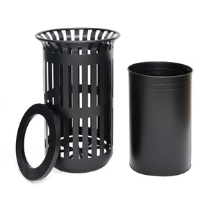 English Elm Collins Commercial Grade Outdoor Round Steel Slatted Trash Can for High-Traffic Locations Black 37 Gallons UF-OTB-01-BLK-GG