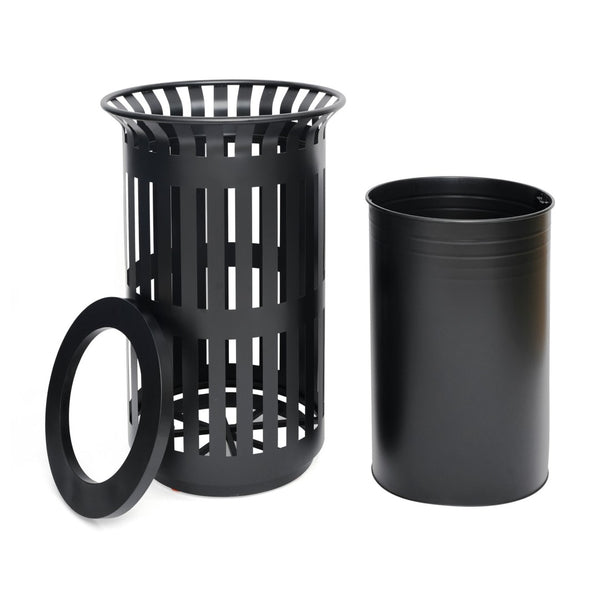 English Elm Collins Commercial Grade Outdoor Round Steel Slatted Trash Can for High-Traffic Locations Black 37 Gallons UF-OTB-01-BLK-GG