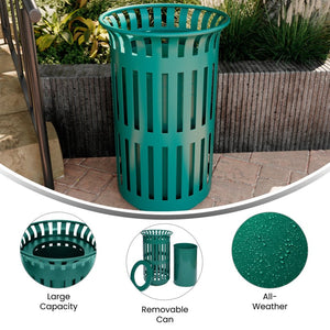 English Elm Collins Commercial Grade Outdoor Round Steel Slatted Trash Can for High-Traffic Locations Green 37 Gallons UF-OTB-01-GRN-GG