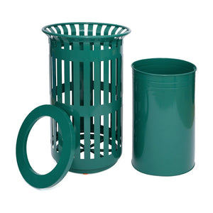 English Elm Collins Commercial Grade Outdoor Round Steel Slatted Trash Can for High-Traffic Locations Green 37 Gallons UF-OTB-01-GRN-GG