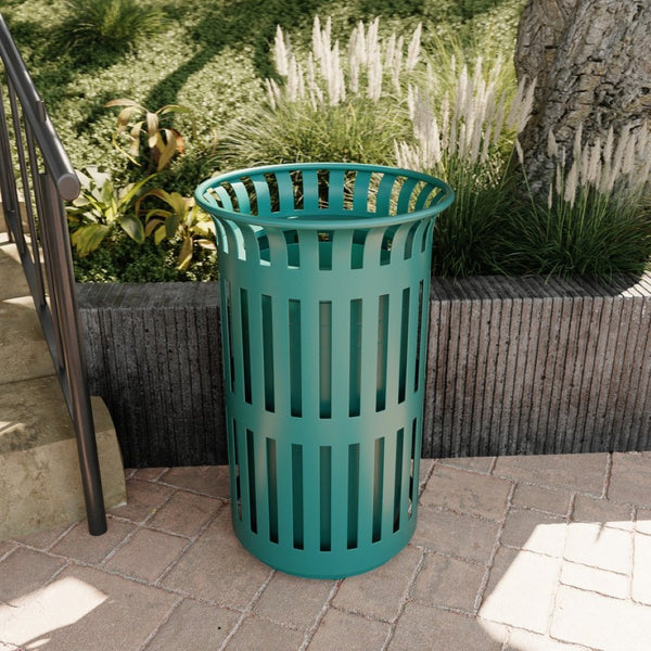English Elm Collins Commercial Grade Outdoor Round Steel Slatted Trash Can for High-Traffic Locations Green 37 Gallons UF-OTB-01-GRN-GG