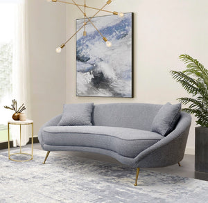 Pasargad Home Luna Collection Curved Sofa In Soft Textured Fabric With Gold Plated Base, Grey Grey Poly Fabric Sofa-ds0440g