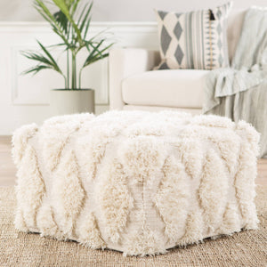 Jaipur Living Nikki Chu Tufted Cotton Wool Cube Pouf Bohemian Ivory Accent for Living Room Seating POF100424
