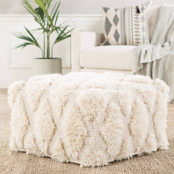 Jaipur Living Nikki Chu Tufted Cotton Wool Cube Pouf Bohemian Ivory Accent for Living Room Seating POF100424