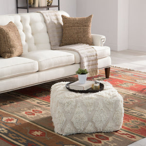 Jaipur Living Nikki Chu Tufted Cotton Wool Cube Pouf Bohemian Ivory Accent for Living Room Seating POF100424