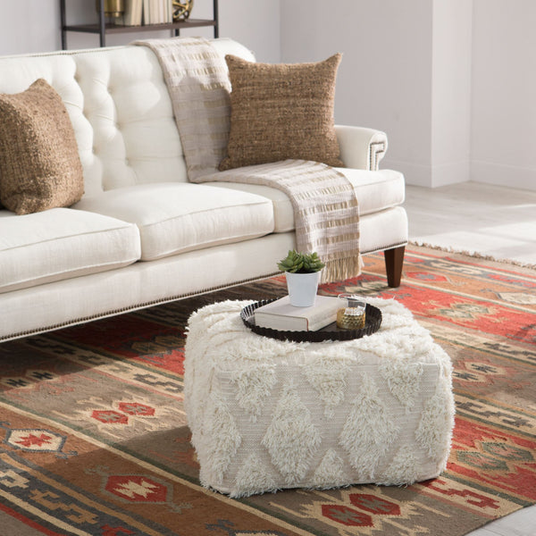 Jaipur Living Nikki Chu Tufted Cotton Wool Cube Pouf Bohemian Ivory Accent for Living Room Seating POF100424