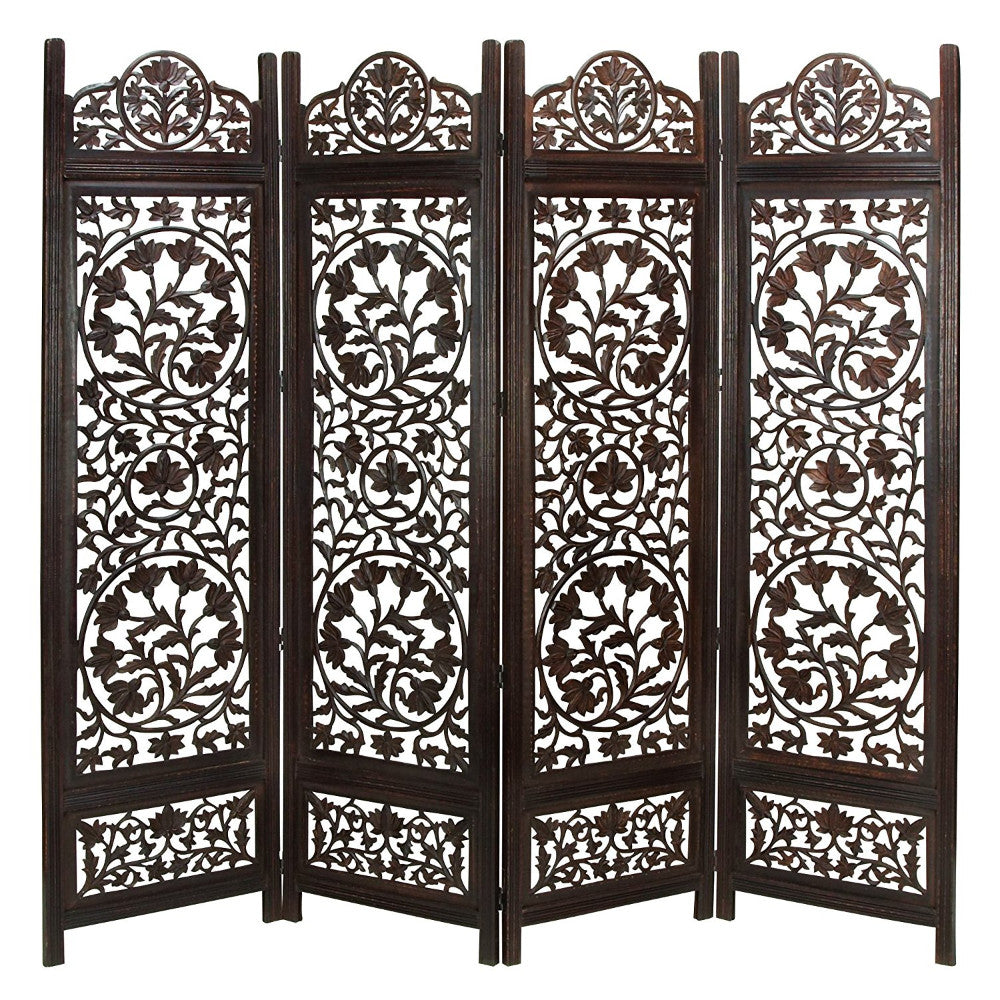 Benzara Handcrafted Wooden 4 Panel Room Divider Screen Featuring Lotus Pattern Reversible Brown Mango Wood Mdf Upt-176789