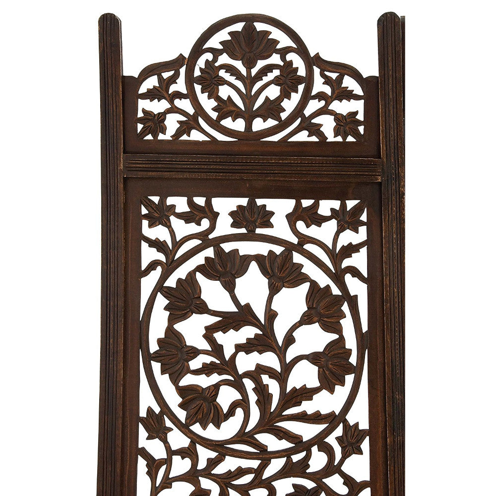 Benzara Handcrafted Wooden 4 Panel Room Divider Screen Featuring Lotus Pattern Reversible Brown Mango Wood Mdf Upt-176789